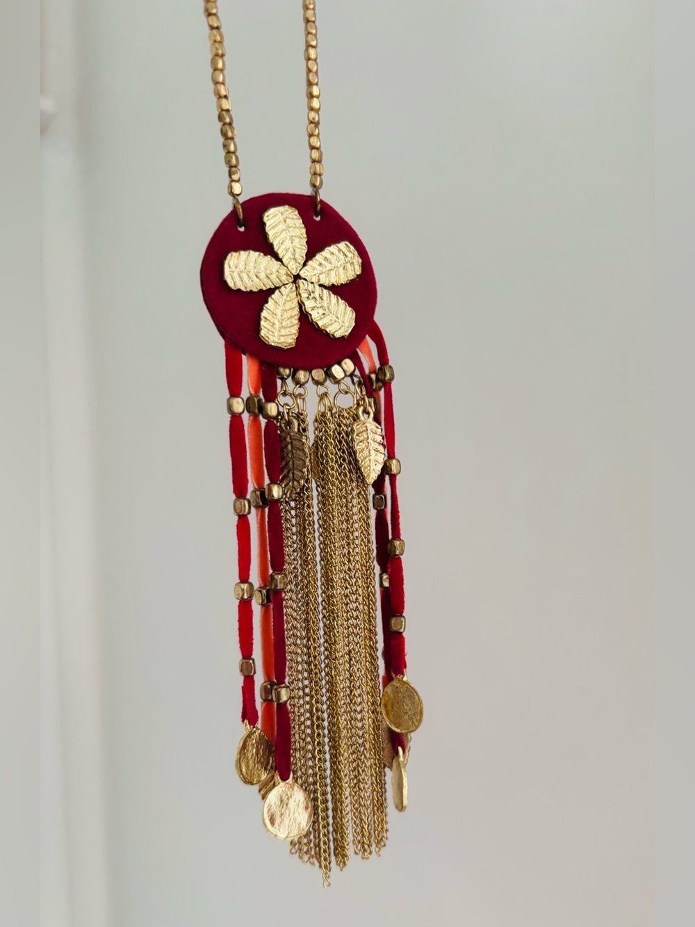 Gold & Burgundy Floral Tassel Pendant Necklace